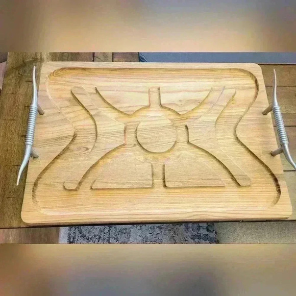 vintage wood serving tray metal longhorn handles very solid excellent condition - Picture 3 of 9